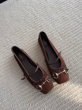 Gucci Suede Mary Jane Ballet Flats Horsebit Brown
